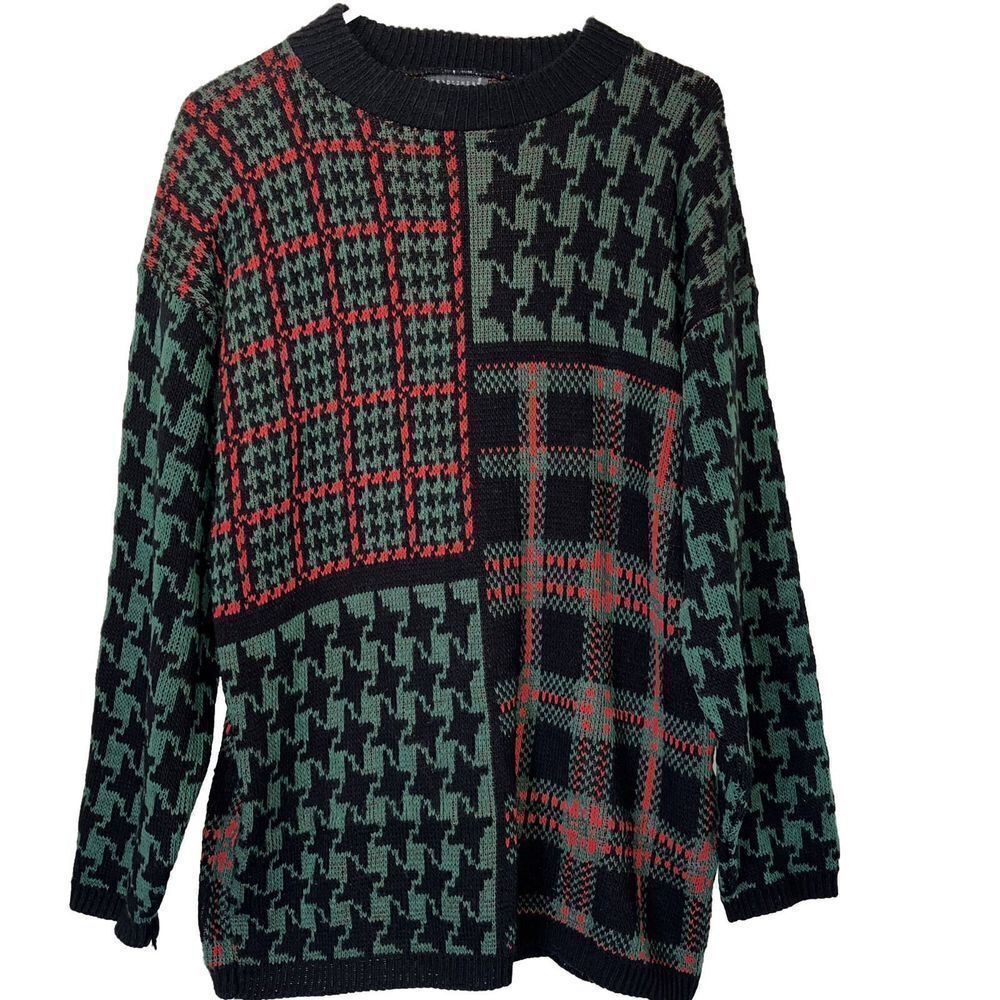 VTG Women’s Med Sweater‎ Houndstooth Window Pane Green Red Holiday Christmas